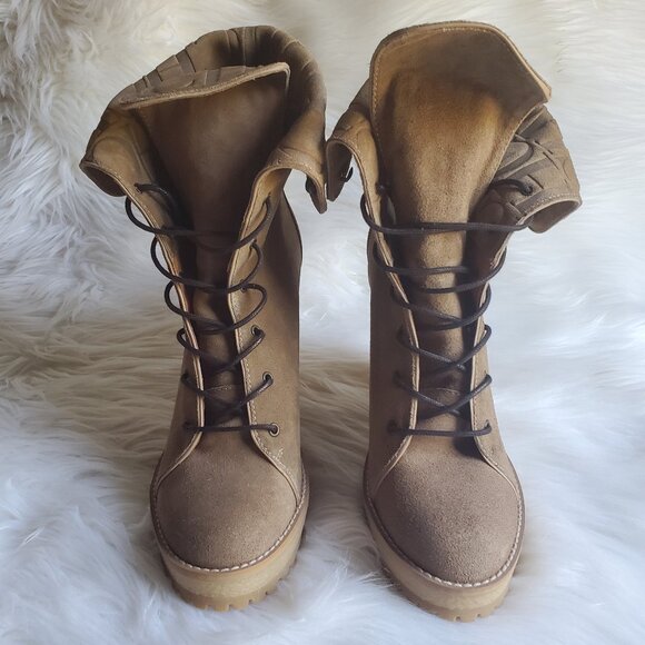 Carolina Herrera Brown Suede Platform Wedge Lace Up Boots SZ 8.5 - Picture 4 of 14